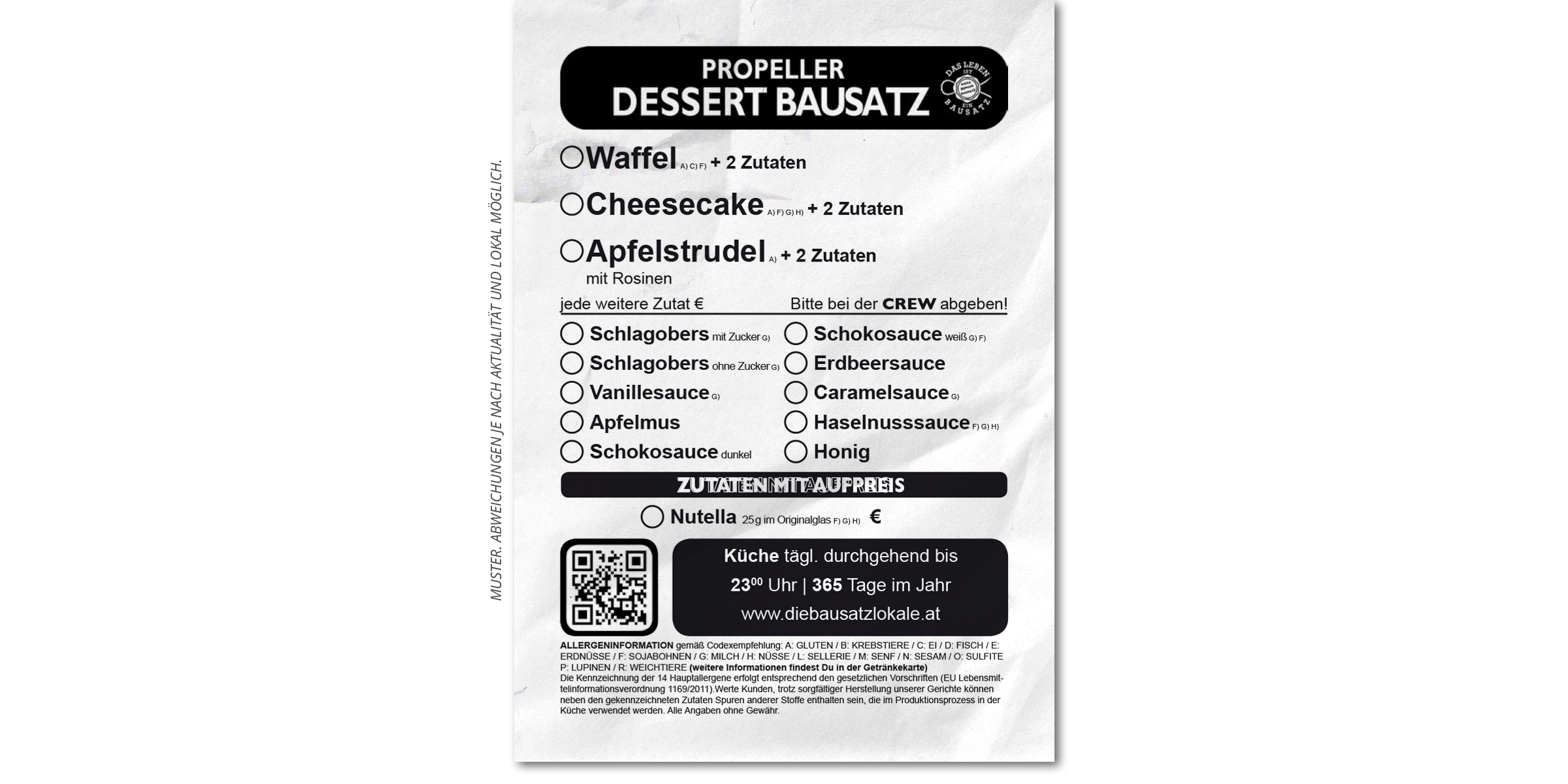 Kaffee, Pub, Restaurant, Pizza, Burger, Bausatz, Graz, Sägewerk, Posaune, Zeppelin, Grammophon, Bierbaron, Continuum, Area5, Airea55, Propeller, MollyMalone, Pfandl, Toast, Eierspeis, Salat, Nudel, Waffel, Party, Reservierung, PBB, SPZG