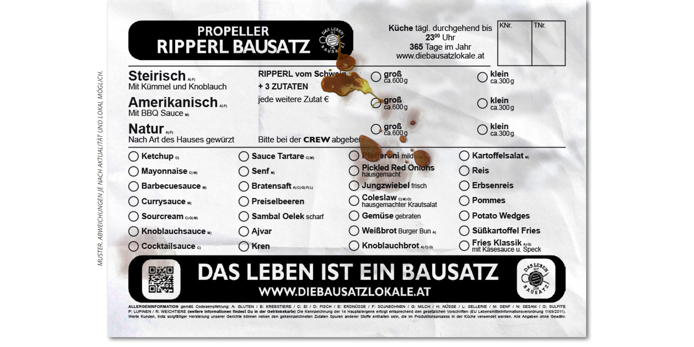 Kaffee, Pub, Restaurant, Pizza, Burger, Bausatz, Graz, Sägewerk, Posaune, Zeppelin, Grammophon, Bierbaron, Continuum, Area5, Airea55, Propeller, MollyMalone, Pfandl, Toast, Eierspeis, Salat, Nudel, Waffel, Party, Reservierung, PBB, SPZG